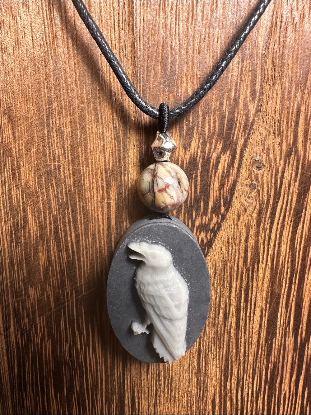 Handcrafted Tai Chi Stone Raven Pendant Necklace on Black Rope - Picture 9 of 11